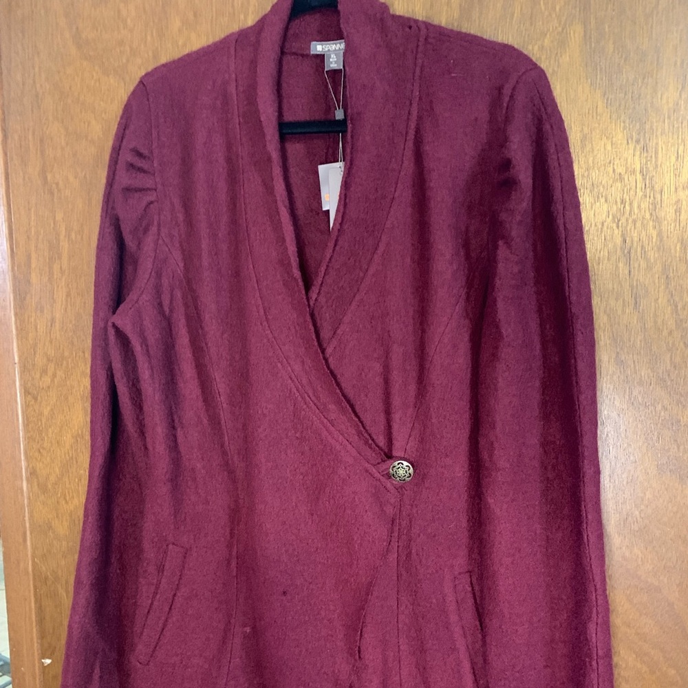 Spanner Size XL Maroon Wool Long Cardigan Jacket, one button, pockets